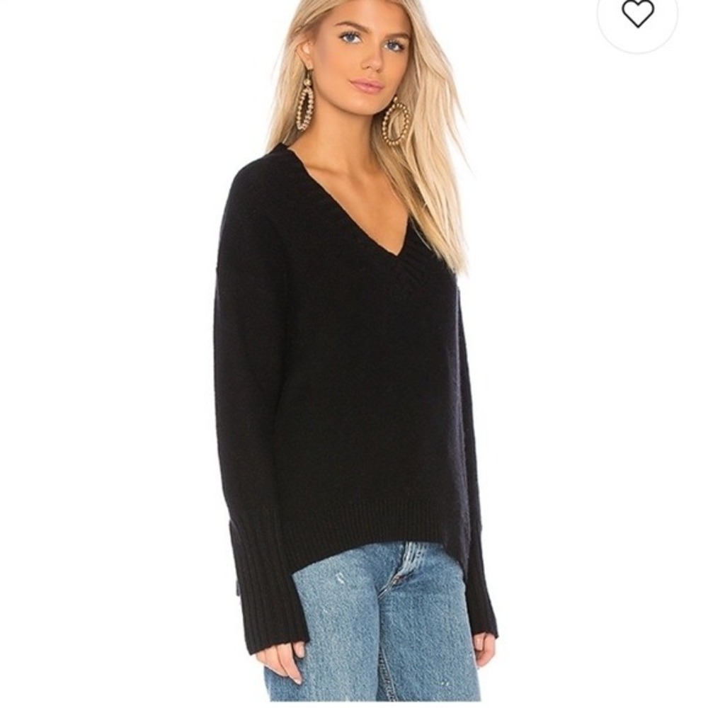 360Cashmere Womens Eliza Black V-Neck Cashmere Sweater Ribbed Trim Raglan Small